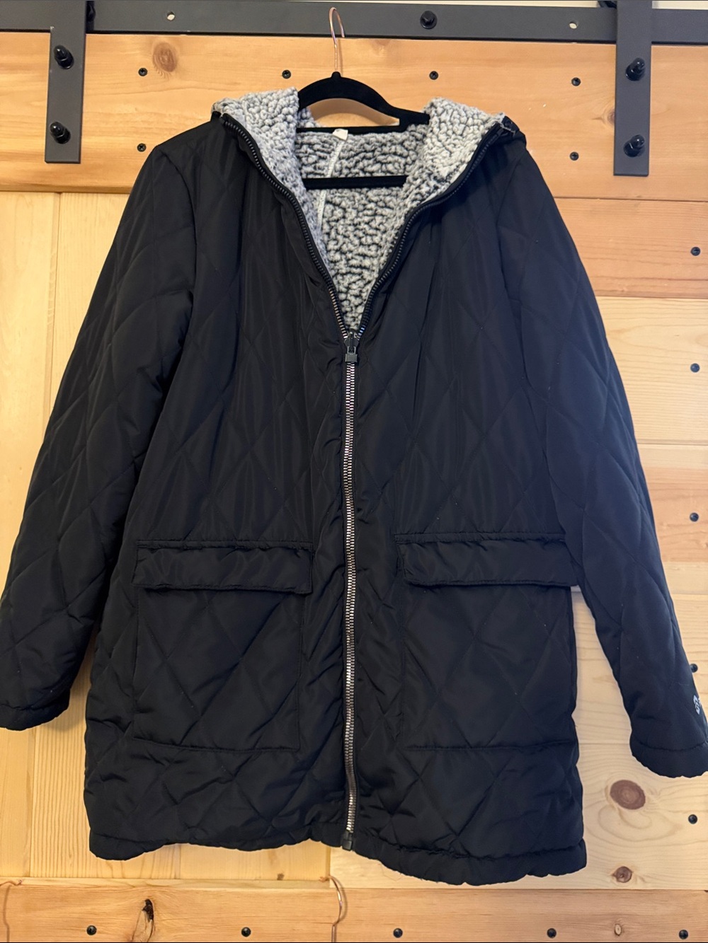Free Country Black Quilted Hooded Puffer with Gray Sherpa Lining